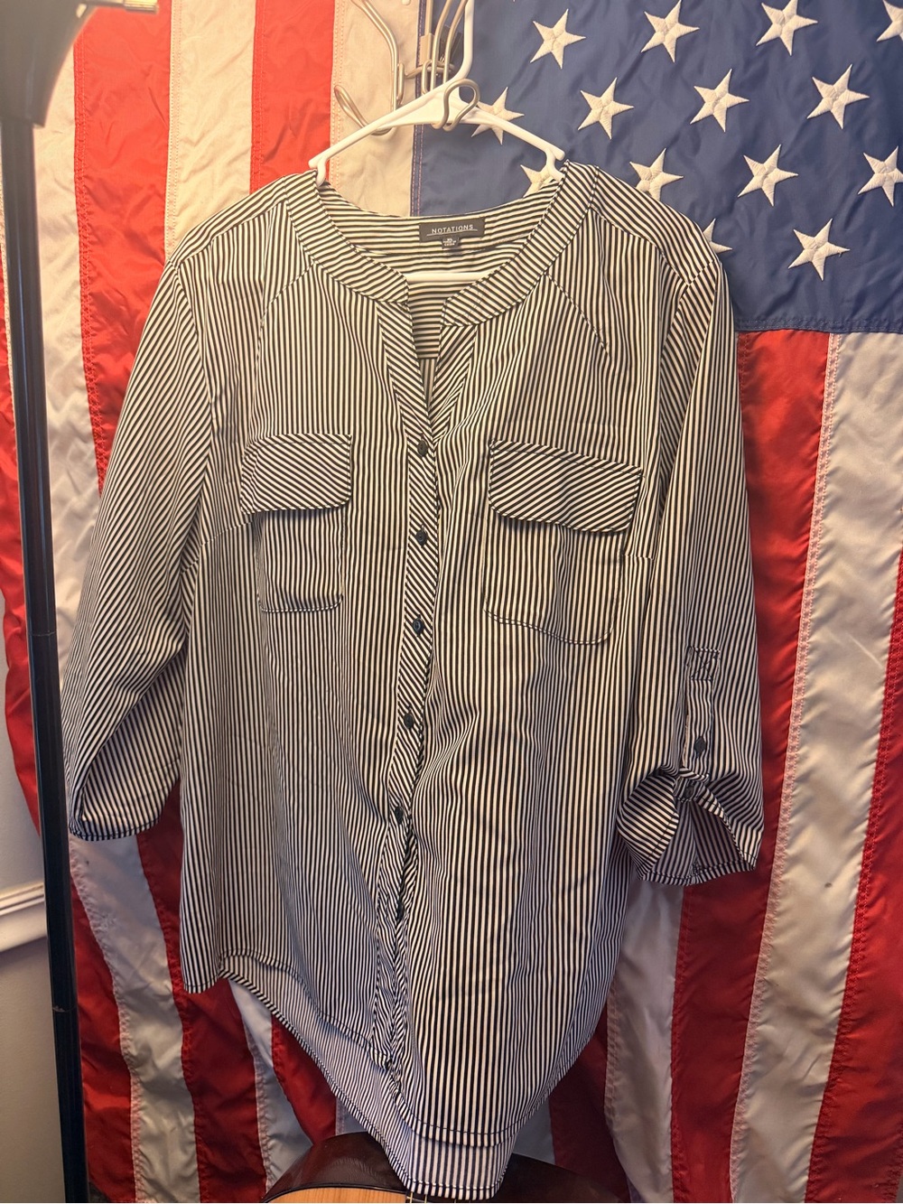 Notations Black and White Striped Button-Up Blouse